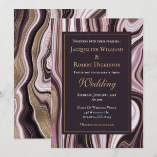 Convite Casamento de Mármore Dourado e Roxo Elegante