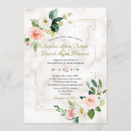 Convite Casamento de mármore Dourado Floral com dobras