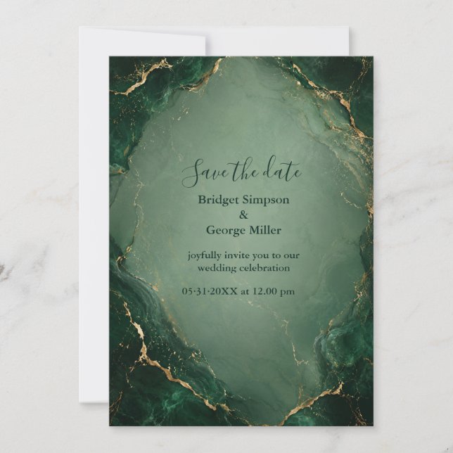Convite Casamento de Mármore Esmeralda Luxuoso Com Ouro (Frente)