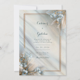 Convite Casamento de Mármore Fluido Creme Floral Azul Dour