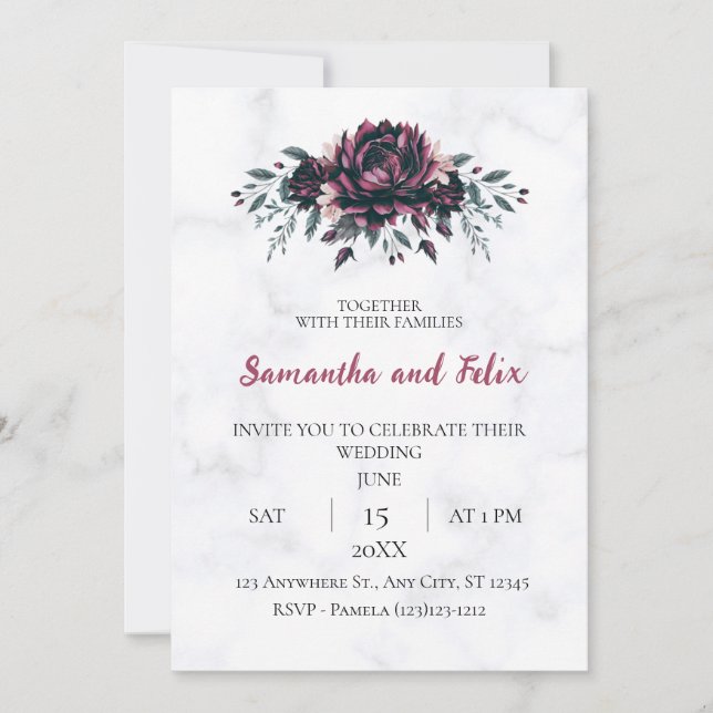Convite Casamento de Mármore Gótico Floral Escuro (Frente)
