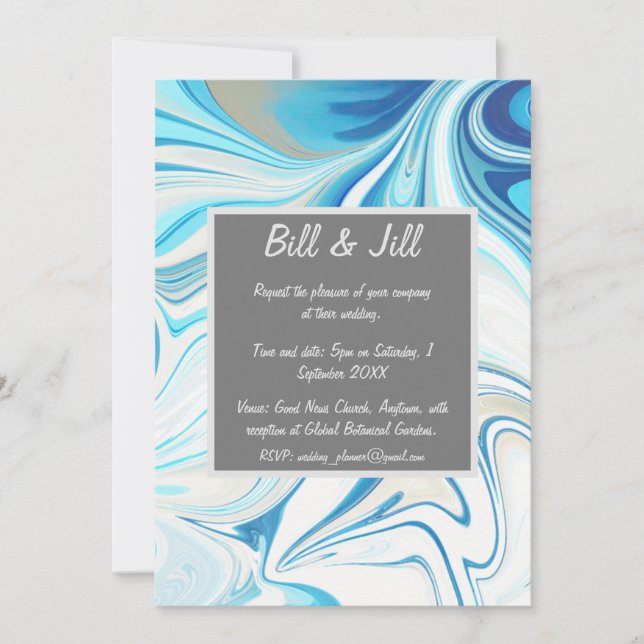 Convite Casamento de Mármore Líquido Branco Azul (Frente)