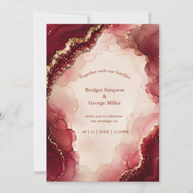 Convite Casamento de mármore Luxo Rubi Burgundy Ágata (Frente)