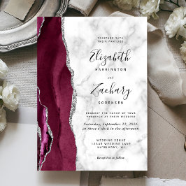 Convite Casamento de Mármore Prata Burgundy Moderno