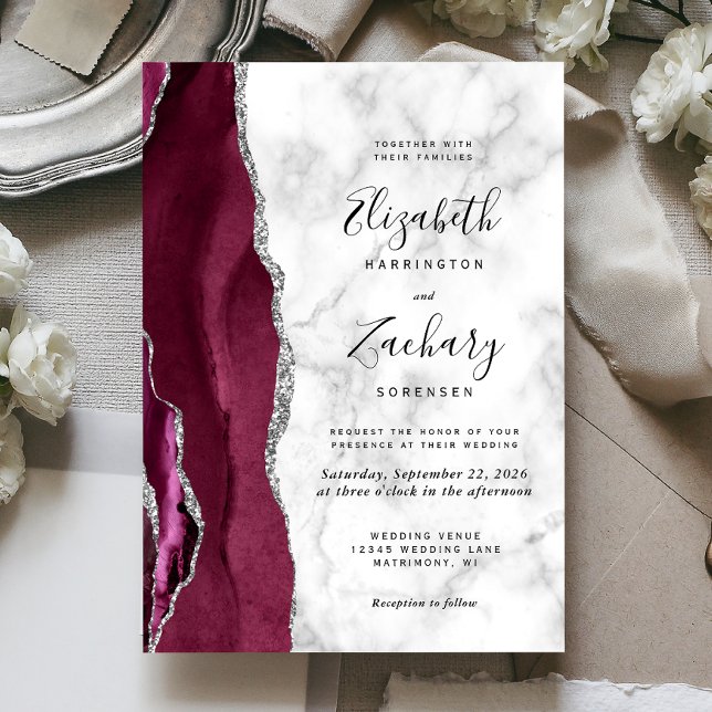 Convite Casamento de Mármore Prata Burgundy Moderno (Criador carregado)
