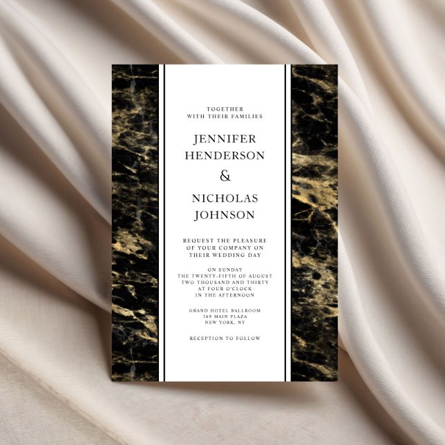 Convite Casamento de Mármore Preto Dourado Elegante (Elegant Black Gold Marble Wedding Invitation)