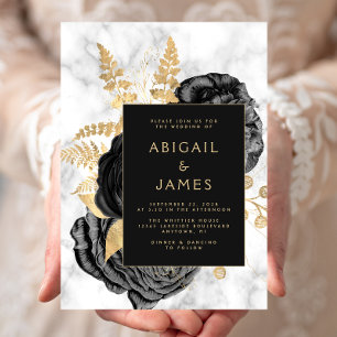 Convite Casamento de Mármore Preto Dourado Floral Elegante