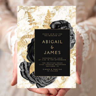 Convite Casamento de Mármore Preto Dourado Floral Elegante