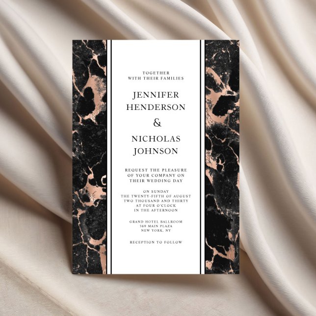 Convite Casamento de Mármore Preto em Rose Gold Elegante (Elegant Rose Gold Black Marble Wedding Invitation)