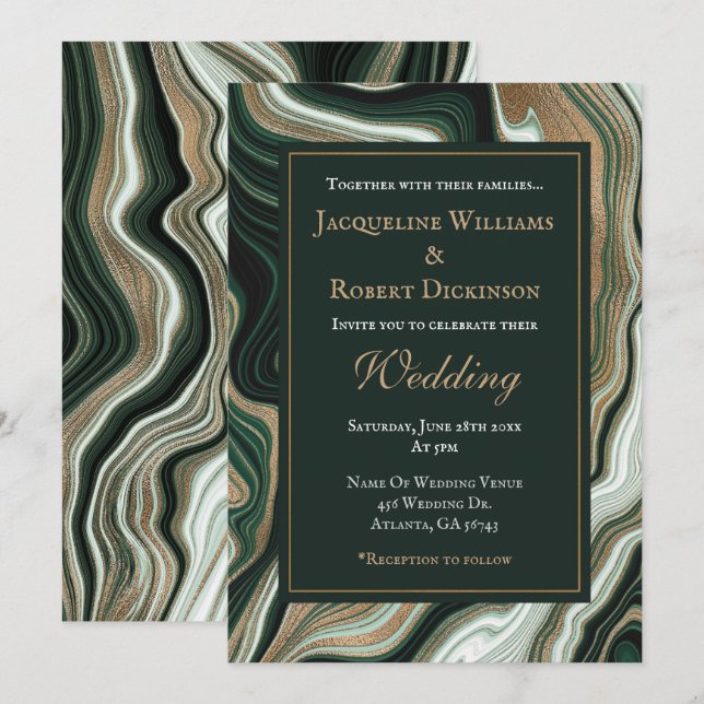 Convite Casamento de Mármore Verde e Dourado Elegante (Frente/Verso)