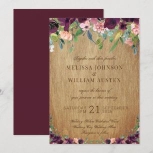 Convite Casamento De Marsala Floral De Madeira Rústica