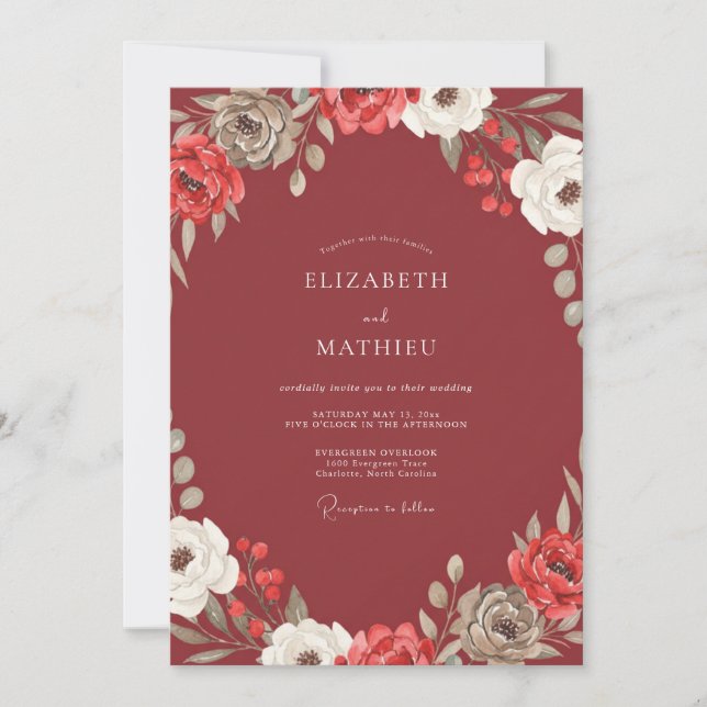 Convite Casamento de Marsala Ranunculus Eucalipto (Frente)