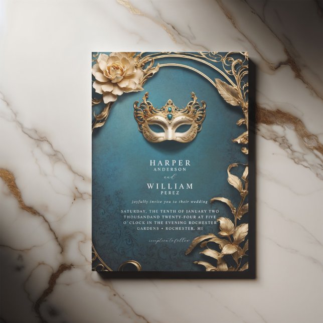 Convite Casamento de Mascarada de ouro e azul entonado (Blue masquerade wedding invitation featuring a venetian mask.)