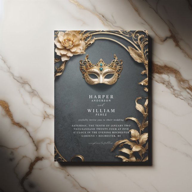 Convite Casamento de Mascarada de ouro e preto entonado (Masquerade wedding invitation with baroque undertones and elegant gold foliage)