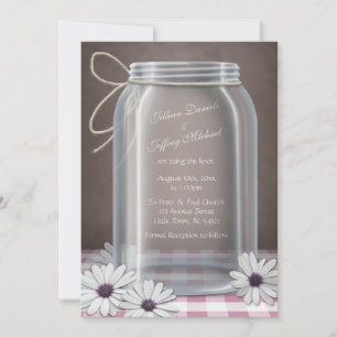 Convite Casamento de Mason Jar Daisy Pink Gingham
