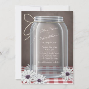 Convite Casamento de Mason Jar Daisy Red Gingham