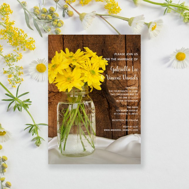 Convite Casamento de Mason Jar e Yellow Daisies Country Ba (Criador carregado)