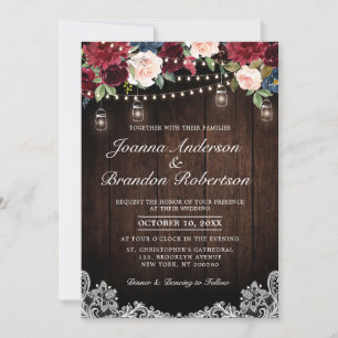 Convite Casamento de Mason Jar, Floral de Madeira Rústica