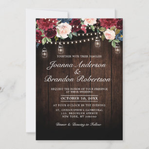 Convite Casamento de Mason Jar, Floral de Madeira Rústica