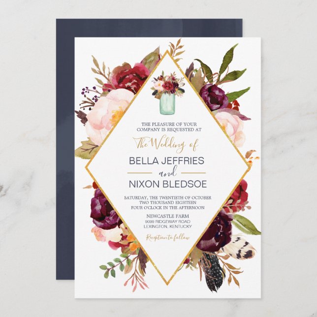 Convite Casamento de Mason Jar Floral De Vinho De Sangue D (Frente/Verso)