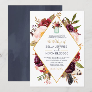 Convite Casamento de Mason Jar Floral De Vinho De Sangue D