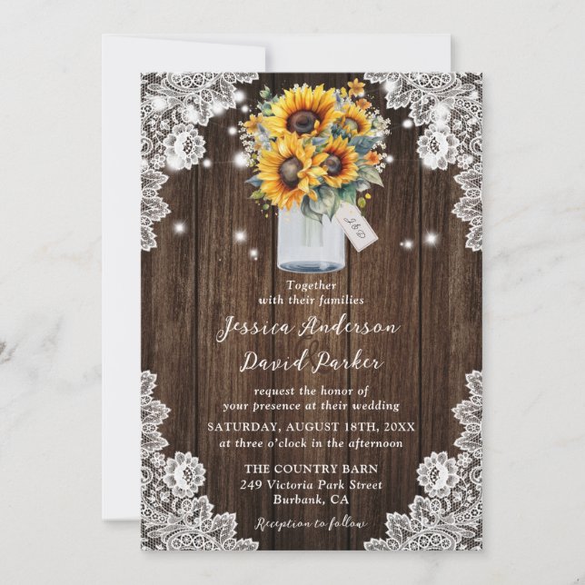 Convite Casamento de Mason Jar Lace Rustic Wood Sunflower (Frente)