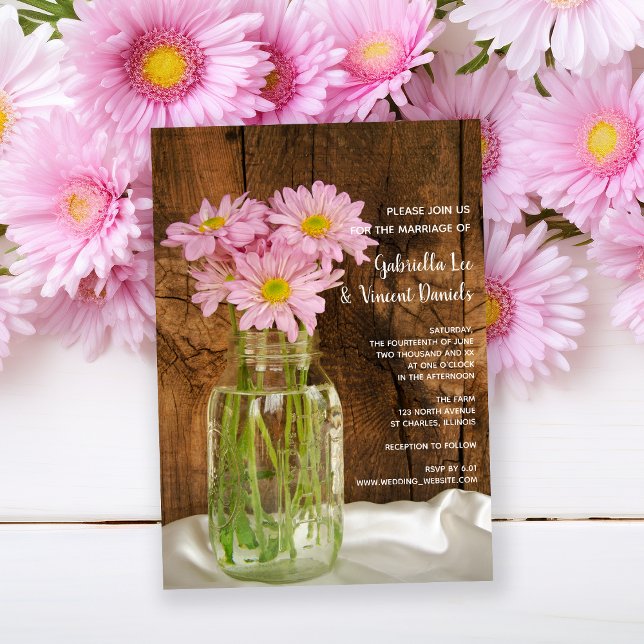Convite Casamento de Mason Jar Pink Daisies Country (Criador carregado)