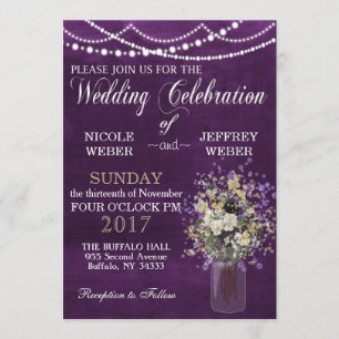 Convite Casamento de Mason Jar, Roxo Rústico