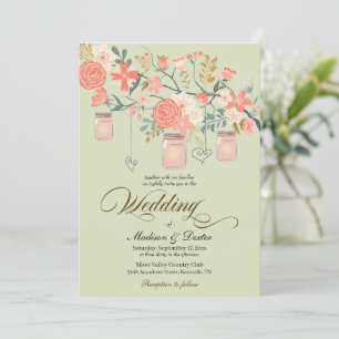 Convite Casamento de Mason Jar Rustic, Peach Verde
