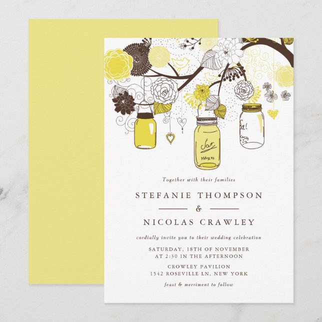 Convite Casamento de Mason Jars de Pé Amarelo (Frente/Verso)