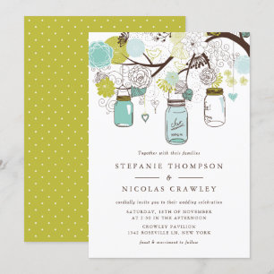 Convite Casamento de Mason Jars de Pé Azul e Verde