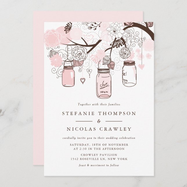 Convite Casamento de Mason Jars, Pink-Blush (Frente/Verso)