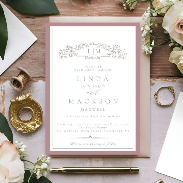 Convite Casamento de Mauve e Terracotta Crest Monogramas (Criador carregado)