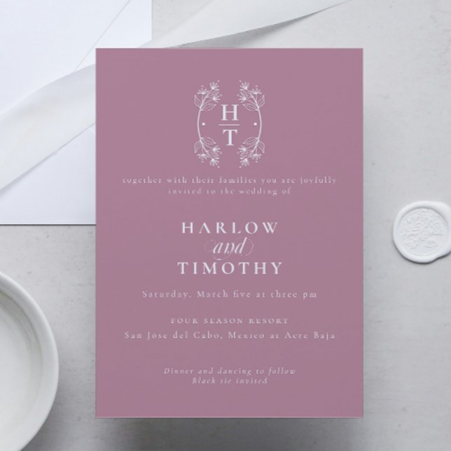Convite Casamento de Mauve empoeirado com poeira de Peste  (Elegant Monogram Floral Crest dusty mauve Wedding Invitation)