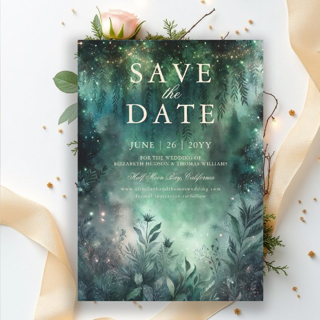 Convite Casamento de Mauve Verde Florestal Encantado Salva (enchanted forest save the date wedding emerald green gold fairytale fairy greenery woodland magic)