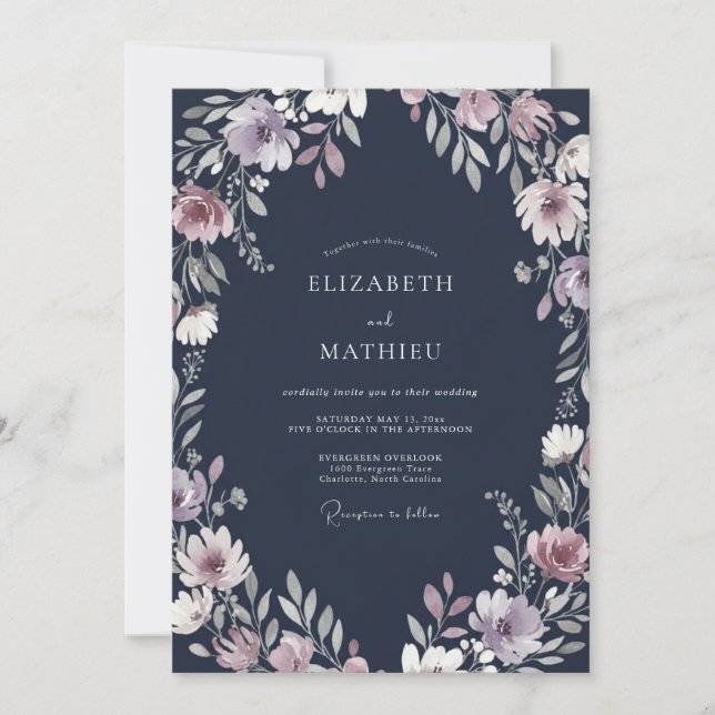 Convite Casamento de Meio da Noite com Amethyst e Flores S (Frente)