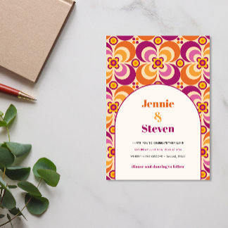 Convite Casamento de meio século Retro Arch Purple Orange