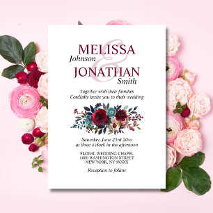 Convite Casamento de Merlot Floral com Aquarela Pintada
