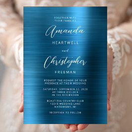 Convite Casamento de Metal Escovado Azul Verde Escrito