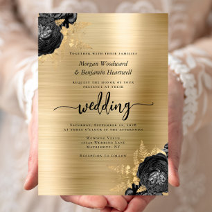 Convite Casamento de Metal Escovado Floral Preto Elegante
