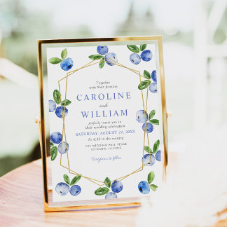Convite Casamento de Mirtilos em Aquarela Azul Elegante