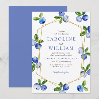 Convite Casamento de Mirtilos em Aquarela Azul Elegante