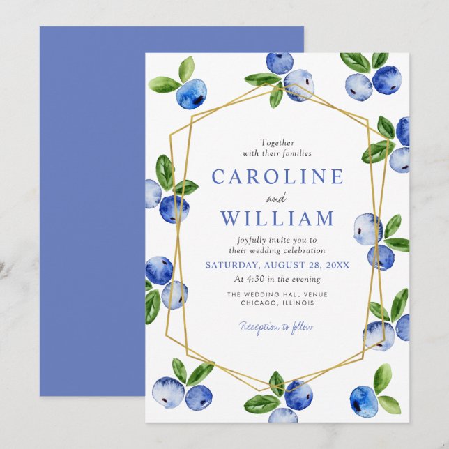 Convite Casamento de Mirtilos em Aquarela Azul Elegante (Frente/Verso)