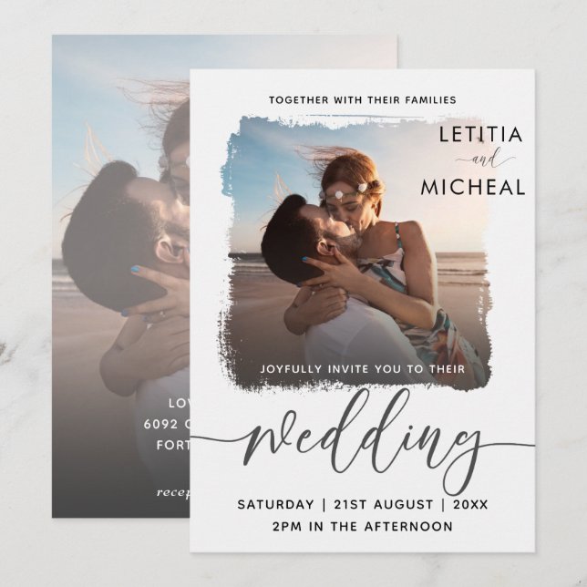 Convite Casamento de modelo de foto preto e branco moderno (Frente/Verso)