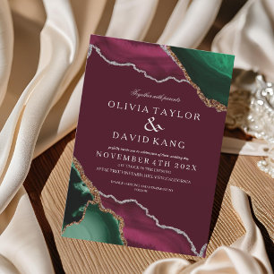Convite Casamento de Modern Burgundy & Green Agate