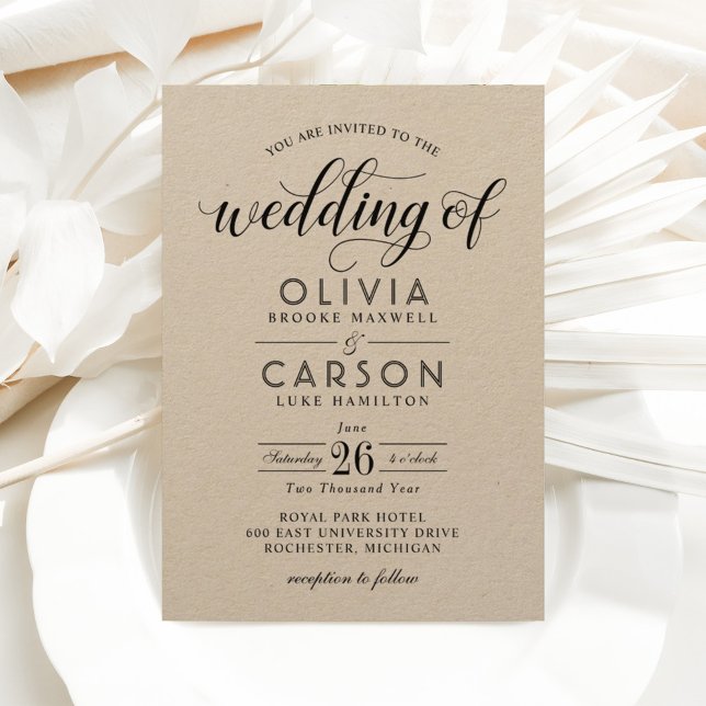 Convite Casamento de Modern Kraft e Script Negro (Criador carregado)