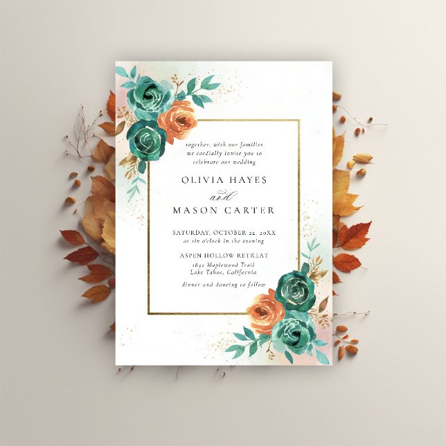 Convite Casamento de Mola Botânica Laranja Queimada (fall wedding invitation teal burnt orange terracotta watercolor floral botanical earthy nature gold )