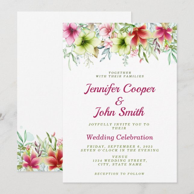 Convite Casamento de Mola Floral de Amaryllis (Frente/Verso)
