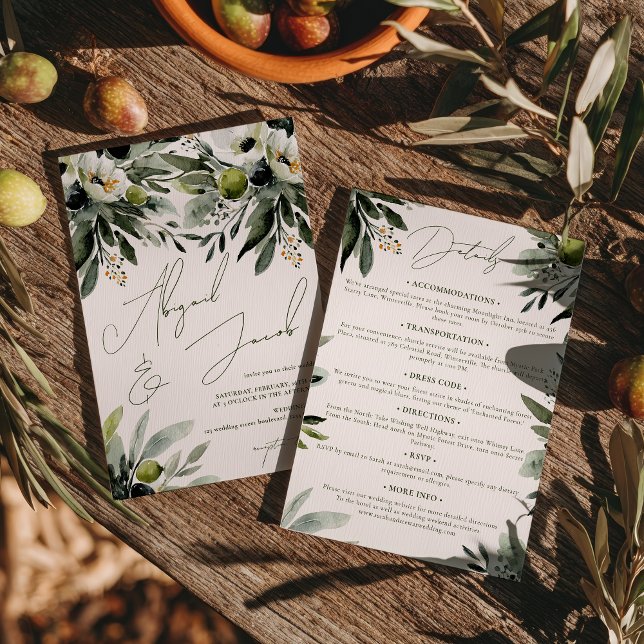 Convite Casamento De Molas De Azeitona De Greenerescência, (Greenery Olive Watercolor Wedding All In One Invitation)