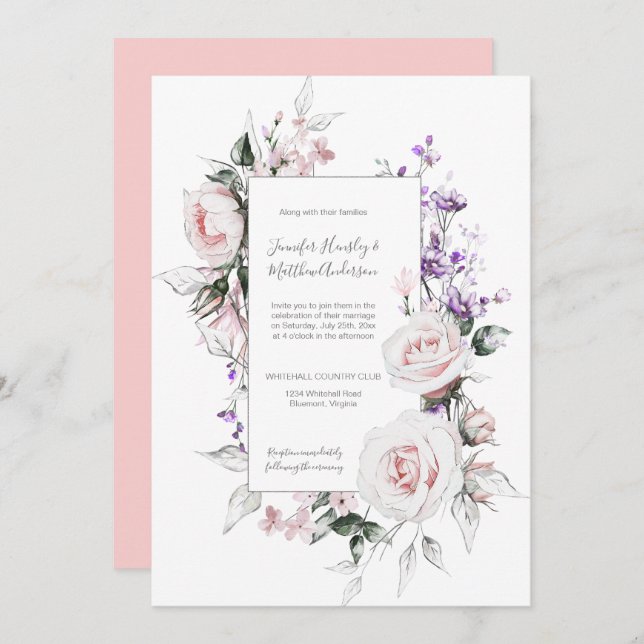 Convite Casamento de Moldes de Rosas Rosa-Rosa Roxo (Frente/Verso)